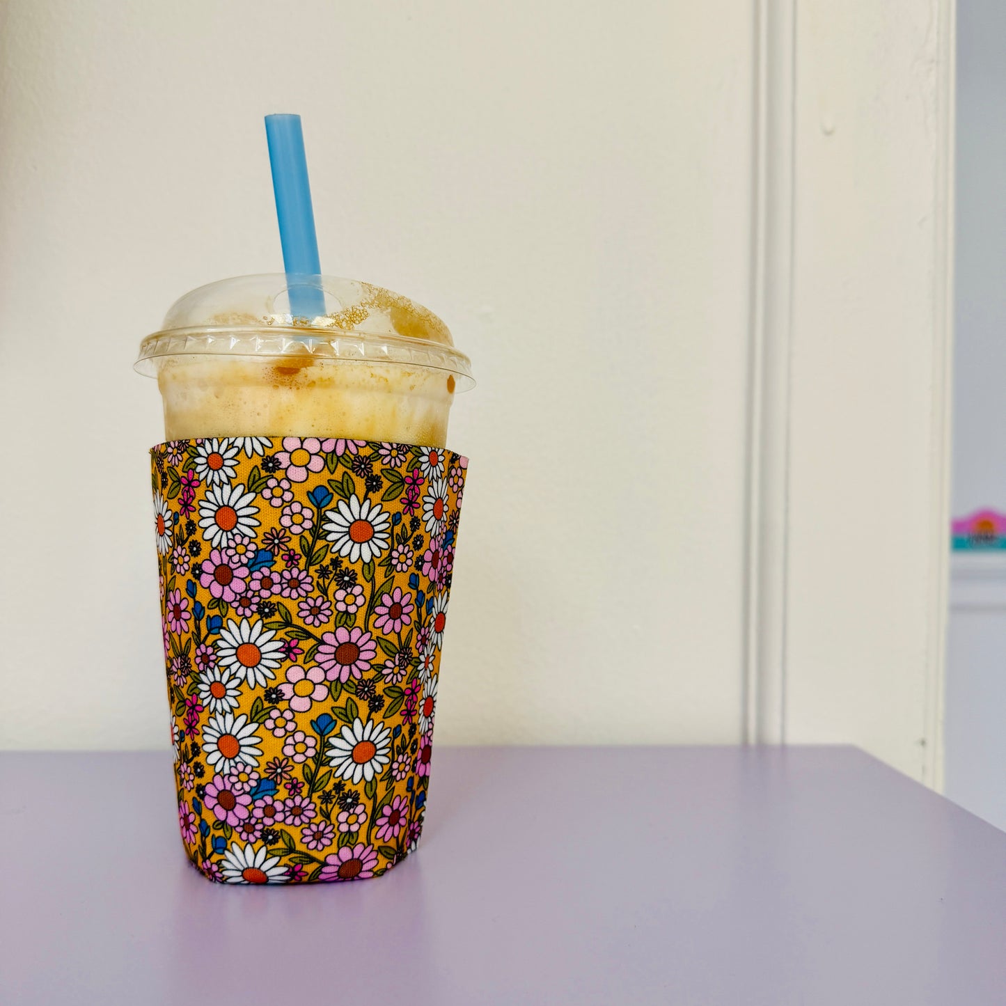 Iced Coffee Sleeve, Mustard Floral Pattern