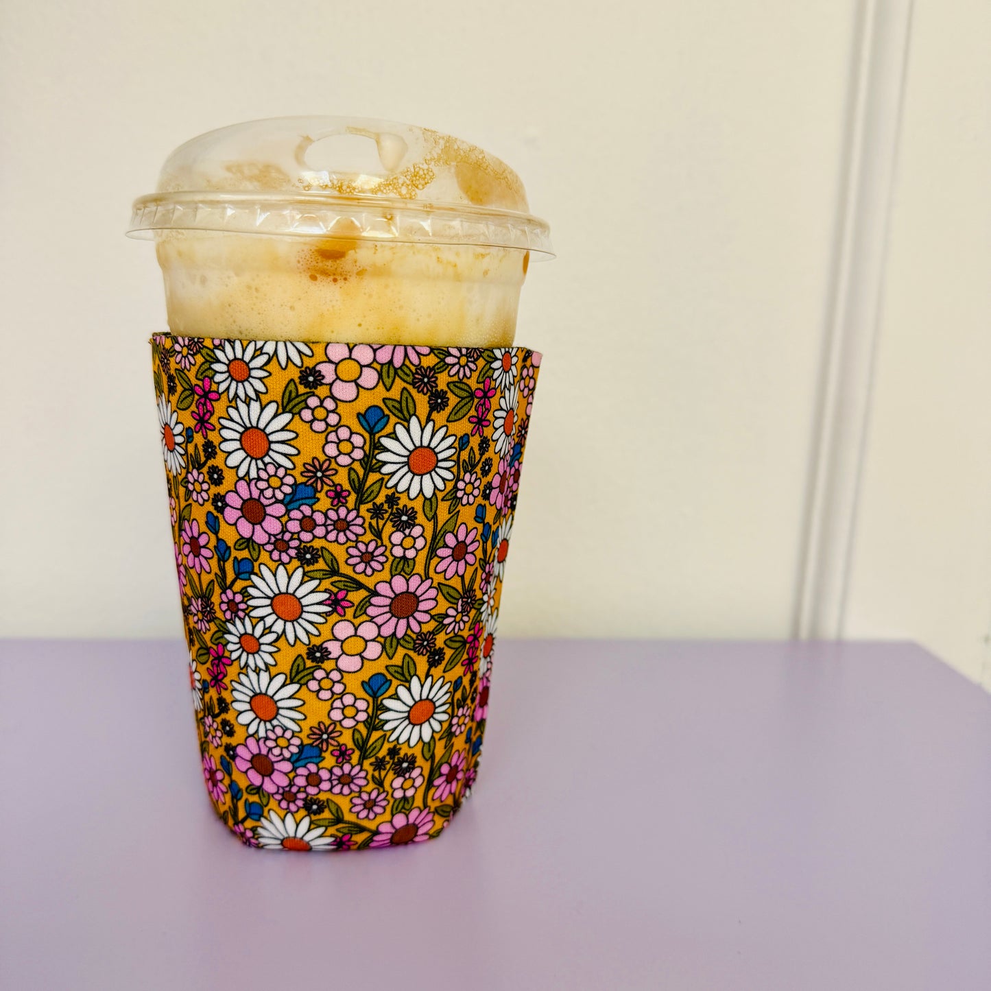Iced Coffee Sleeve, Mustard Floral Pattern