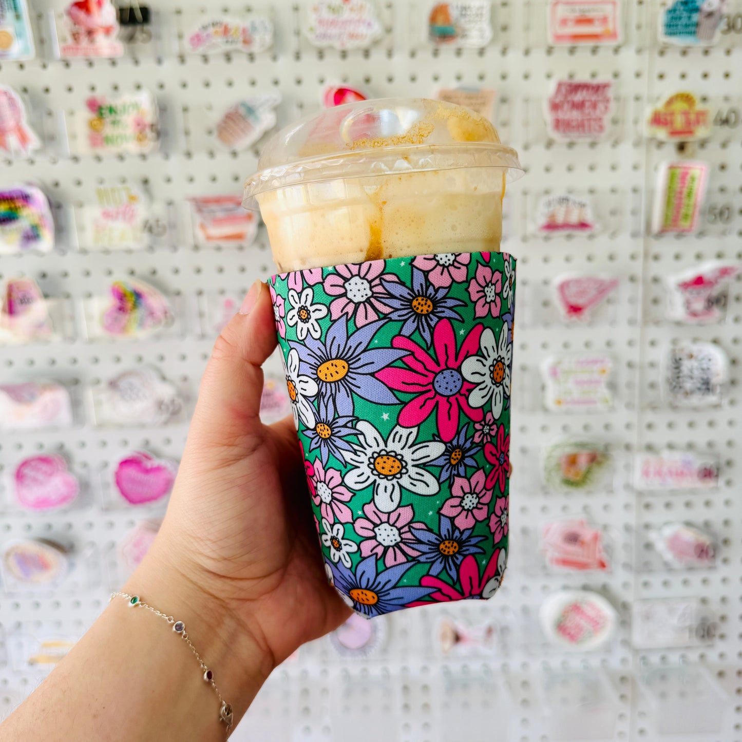 Iced Coffee Sleeve, Bright Green Floral Pattern