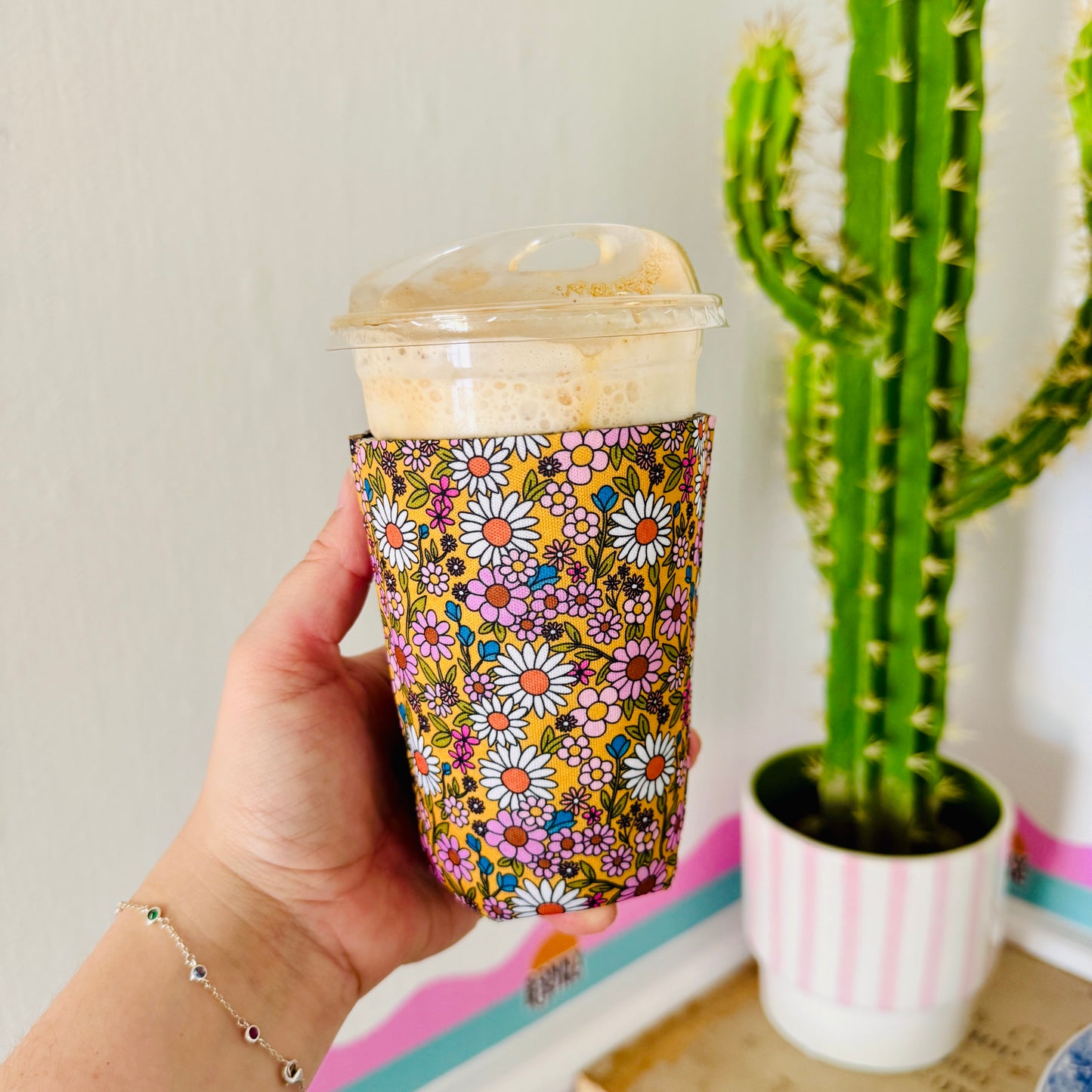 Iced Coffee Sleeve, Mustard Floral Pattern
