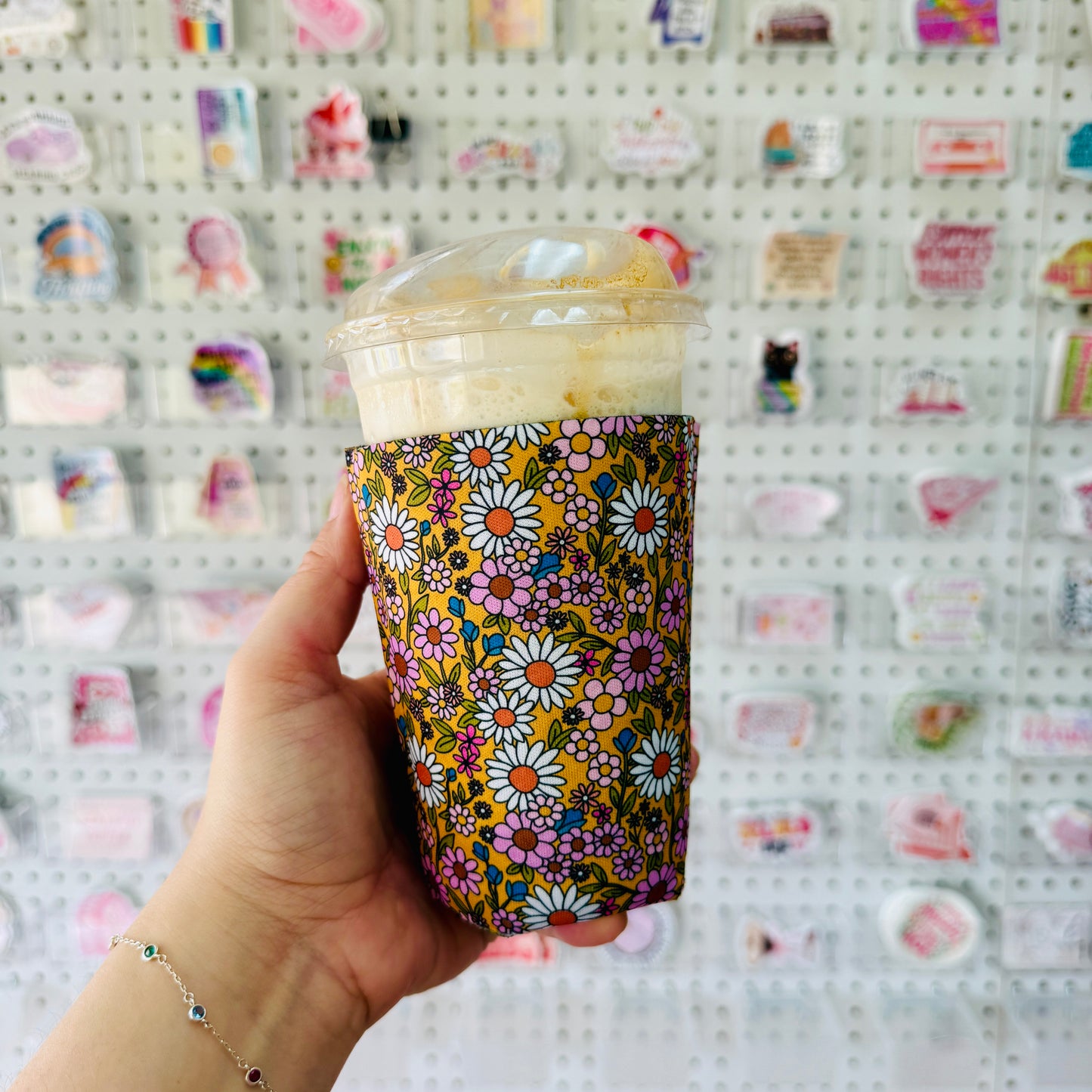 Iced Coffee Sleeve, Mustard Floral Pattern
