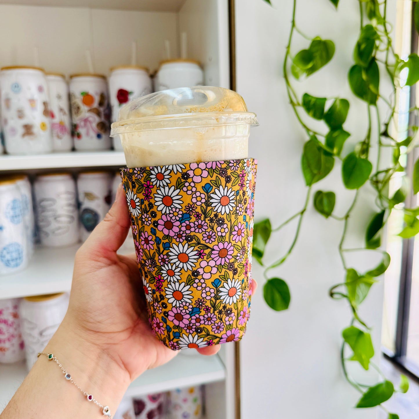 Iced Coffee Sleeve, Mustard Floral Pattern