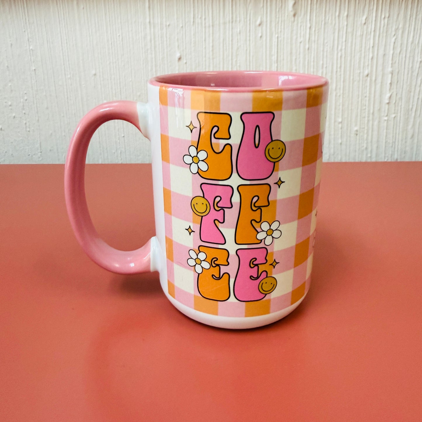 15 oz Mug, Pink & Orange Plaid COFFEE Design With Pink Handle