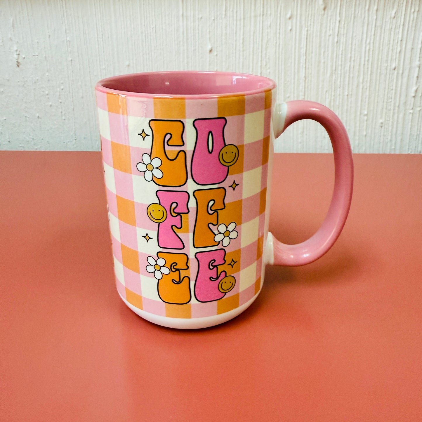 15 oz Mug, Pink & Orange Plaid COFFEE Design With Pink Handle