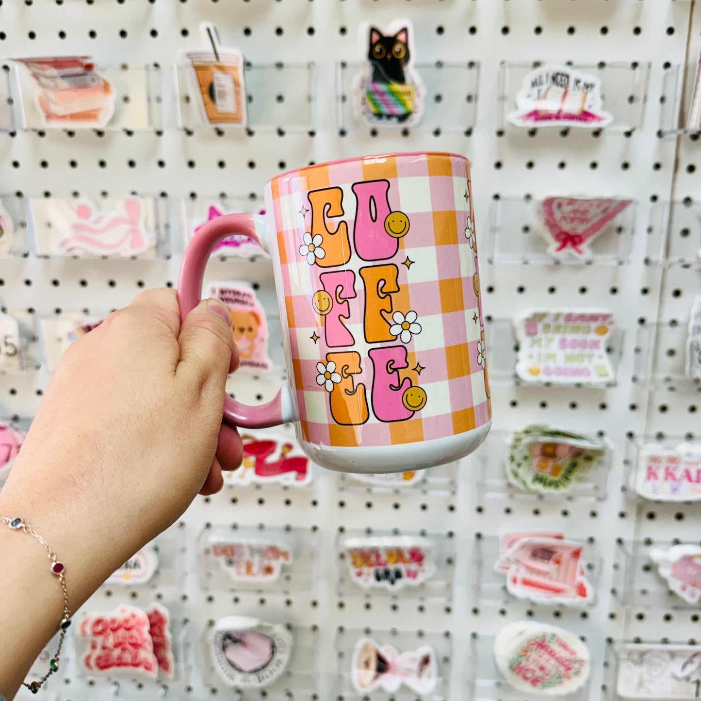 15 oz Mug, Pink & Orange Plaid COFFEE Design With Pink Handle