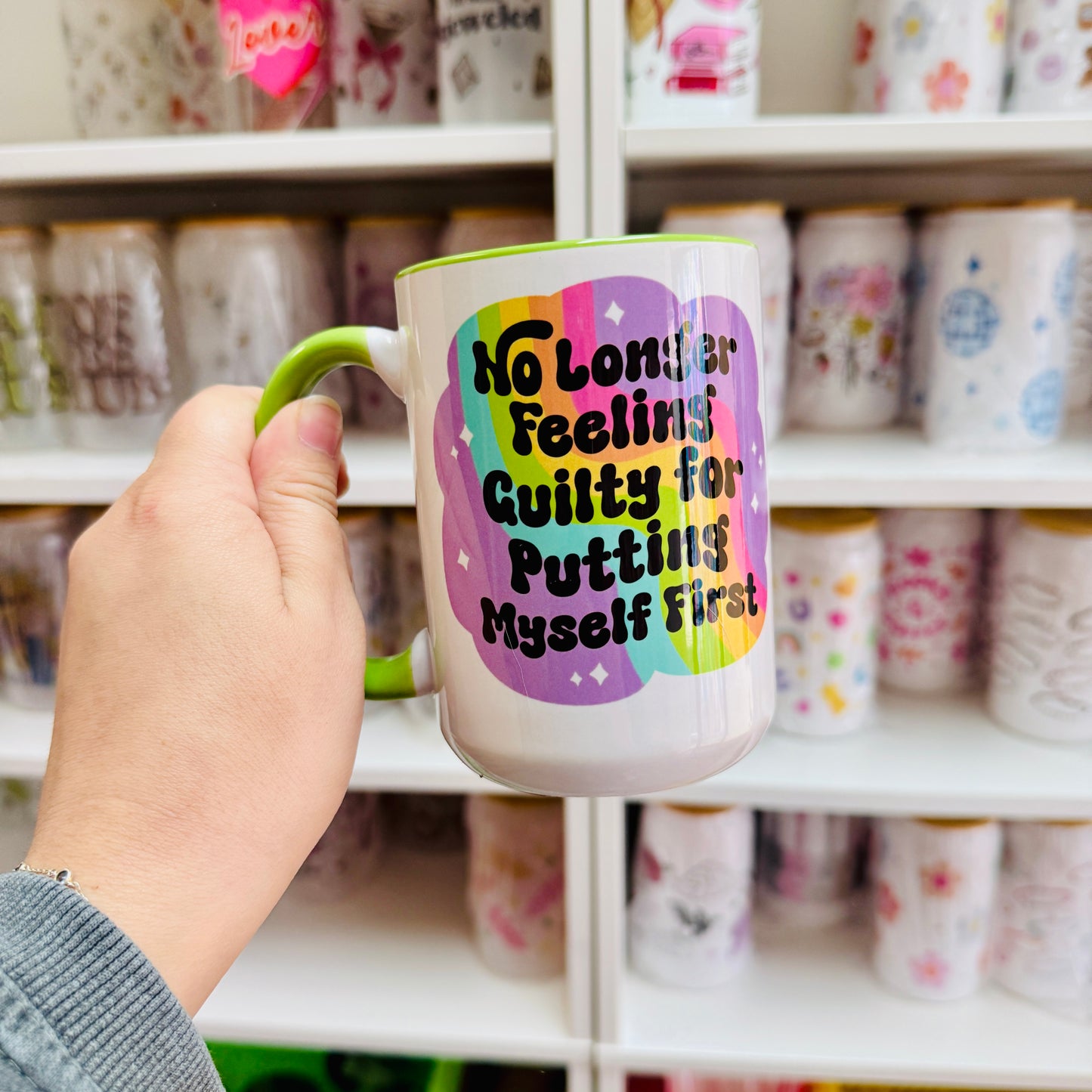 15 oz Mug, No Longer Feeling Guilty for Putting Myself First With Green Handle