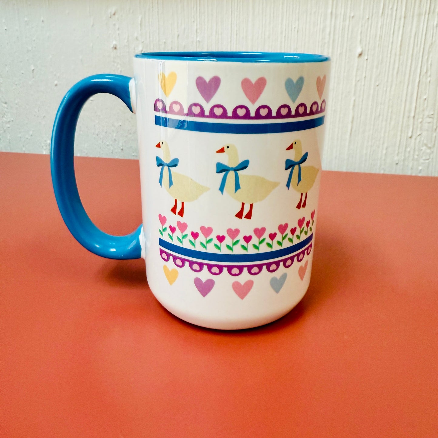 15 oz Mug, Blue Ribbon Goose Design With Blue Handle