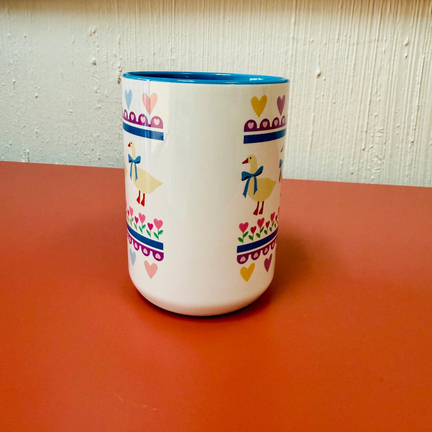15 oz Mug, Blue Ribbon Goose Design With Blue Handle