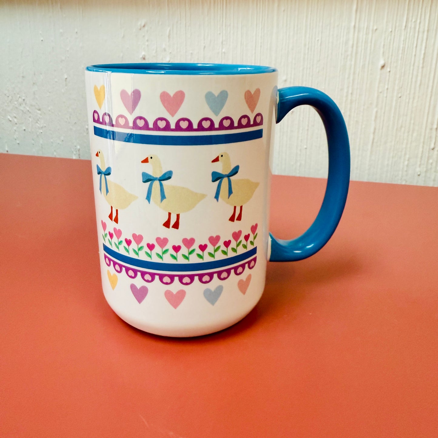 15 oz Mug, Blue Ribbon Goose Design With Blue Handle