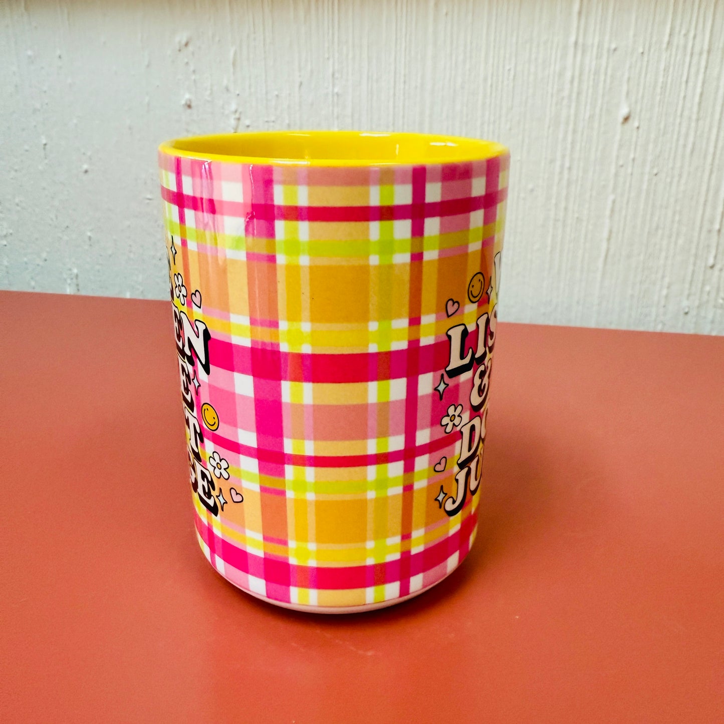 15 oz Mug, We Listen & We Don't Judge With Yellow Handle