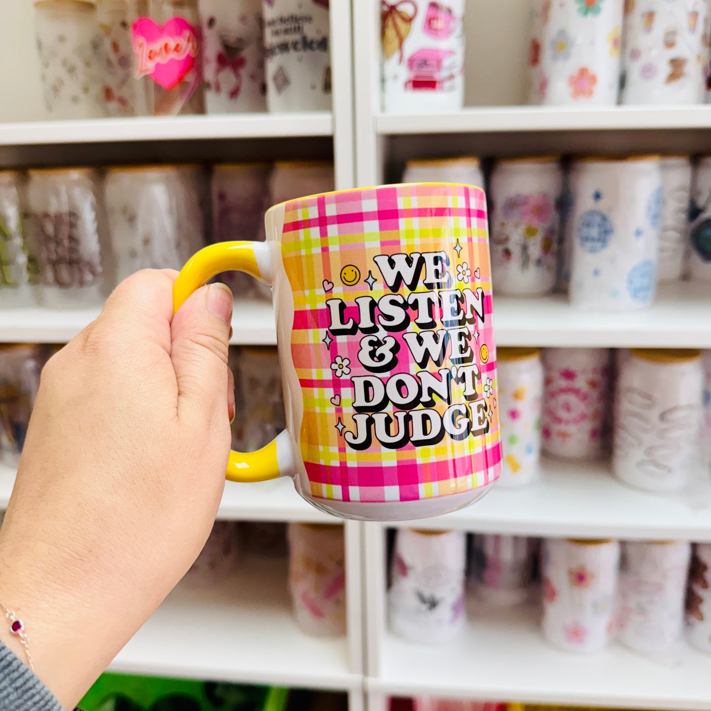 15 oz Mug, We Listen & We Don't Judge With Yellow Handle