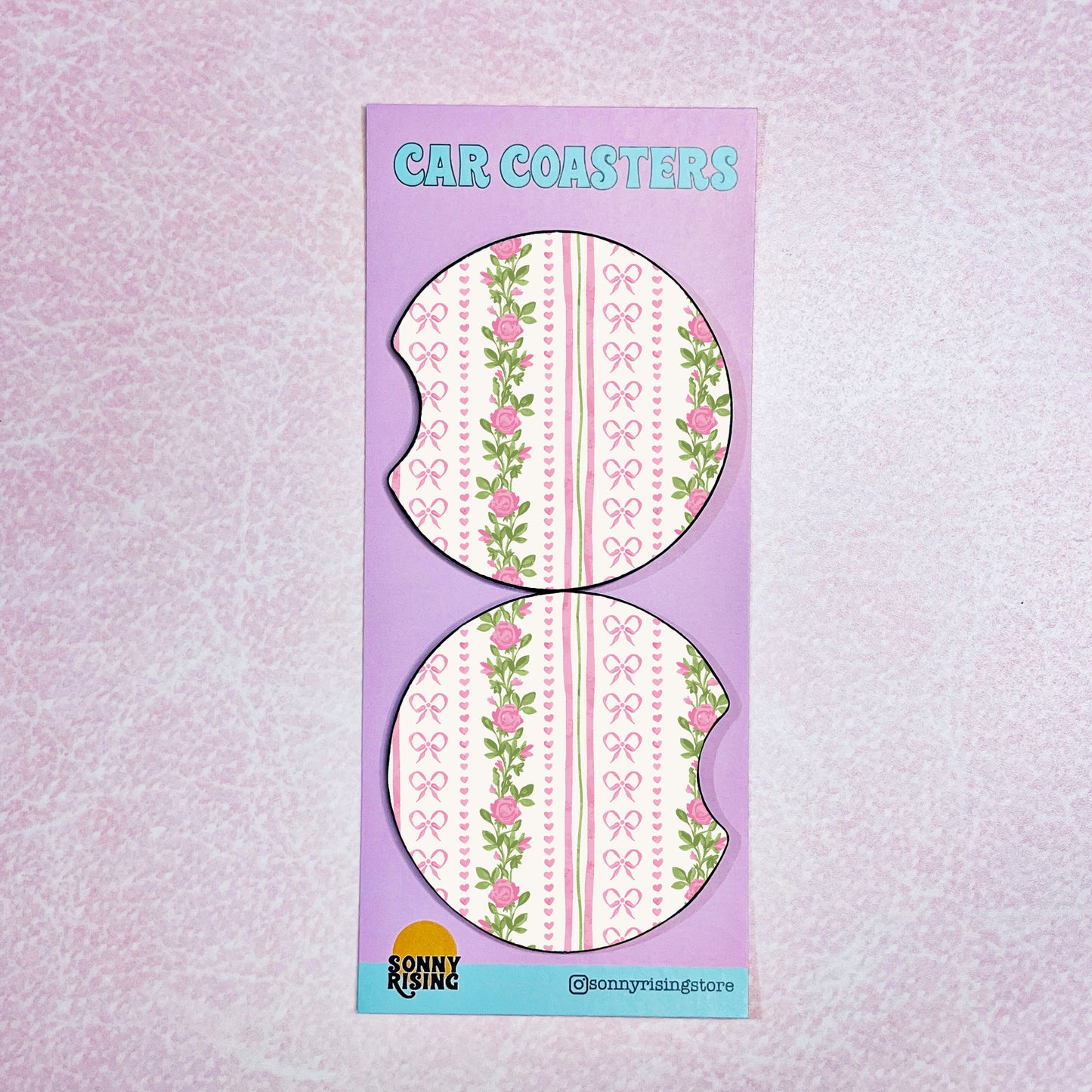 2 Car Coasters, Pink Rose Stripes