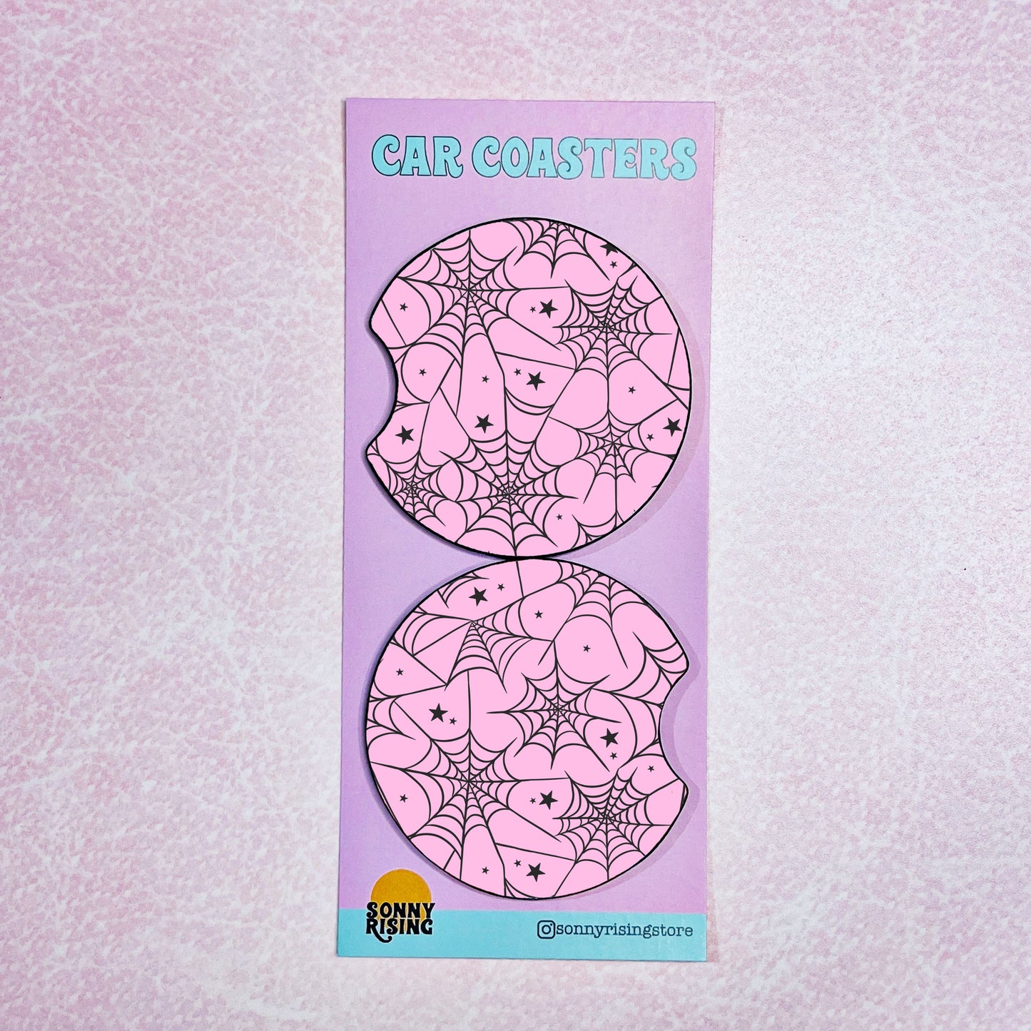 2 Car Coasters, Pink Spiderweb Pattern