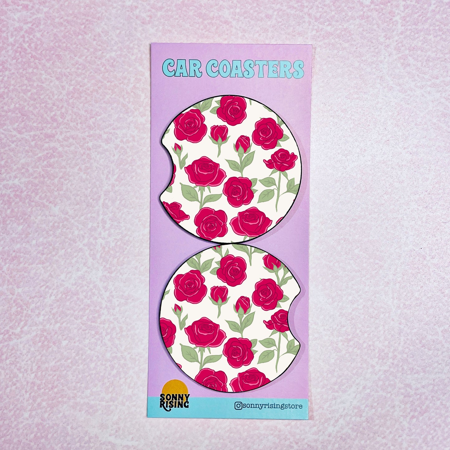 2 Car Coasters, Red Roses Pattern