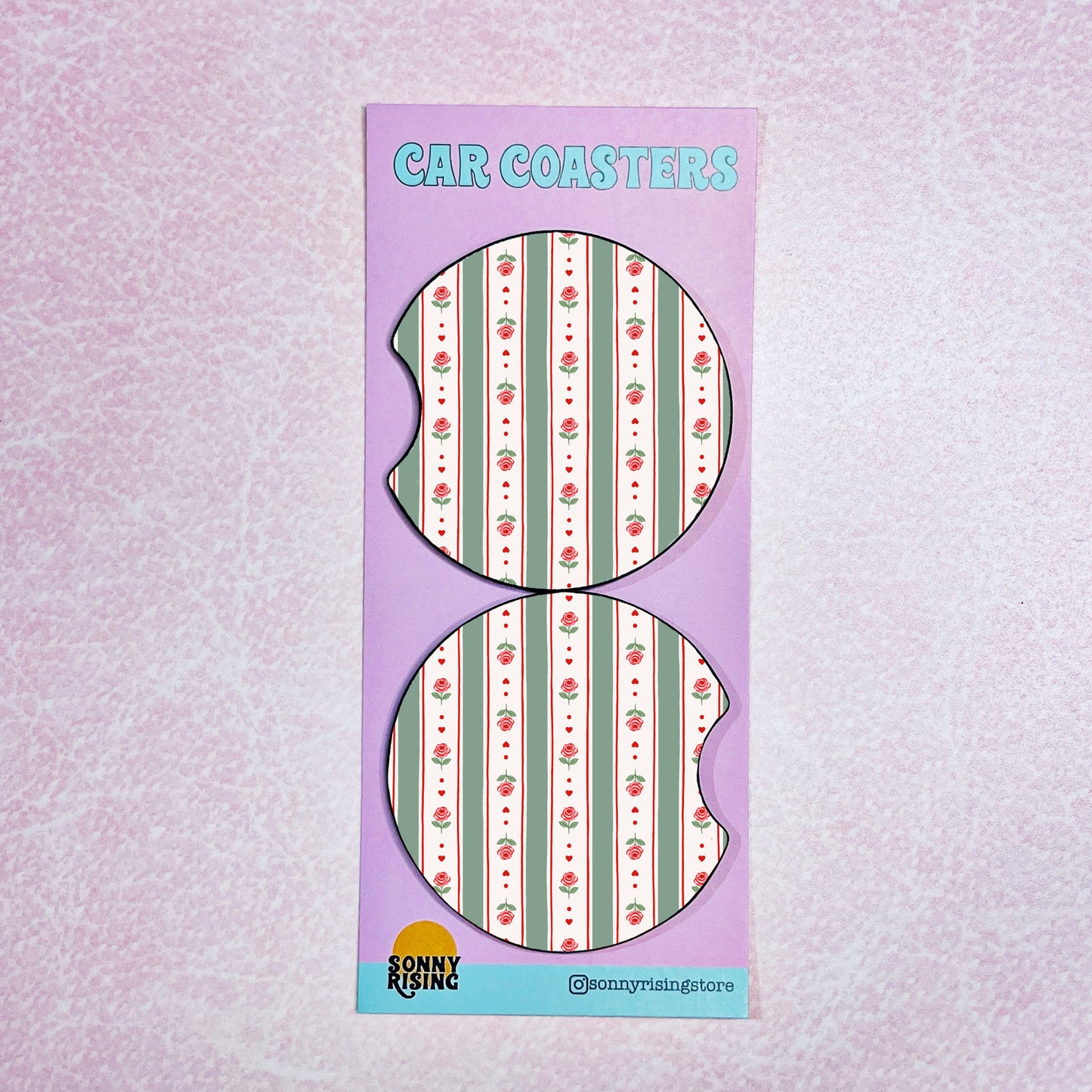 2 Car Coasters, Green Rose Stripes