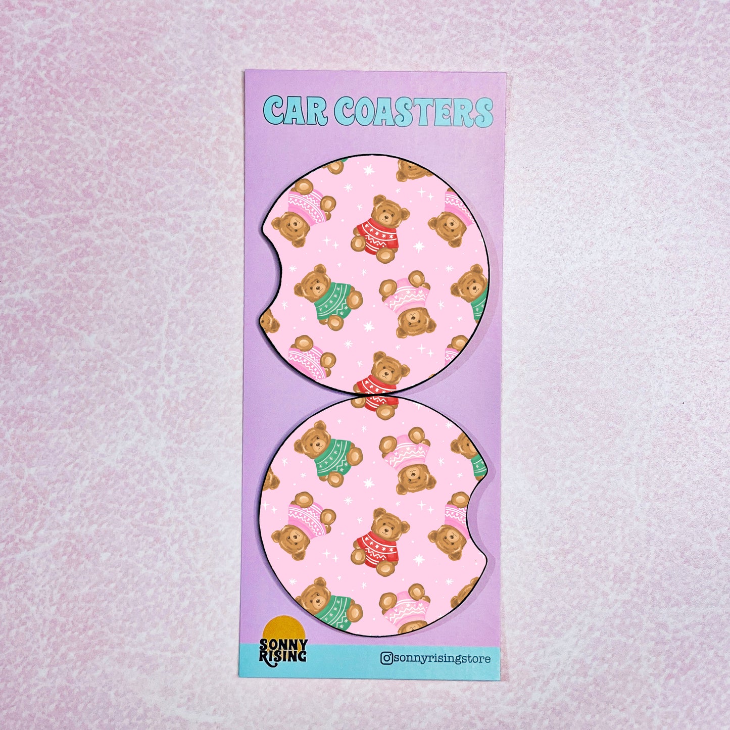 2 Car Coasters, Christmas Teddy Bears on Pink Pattern