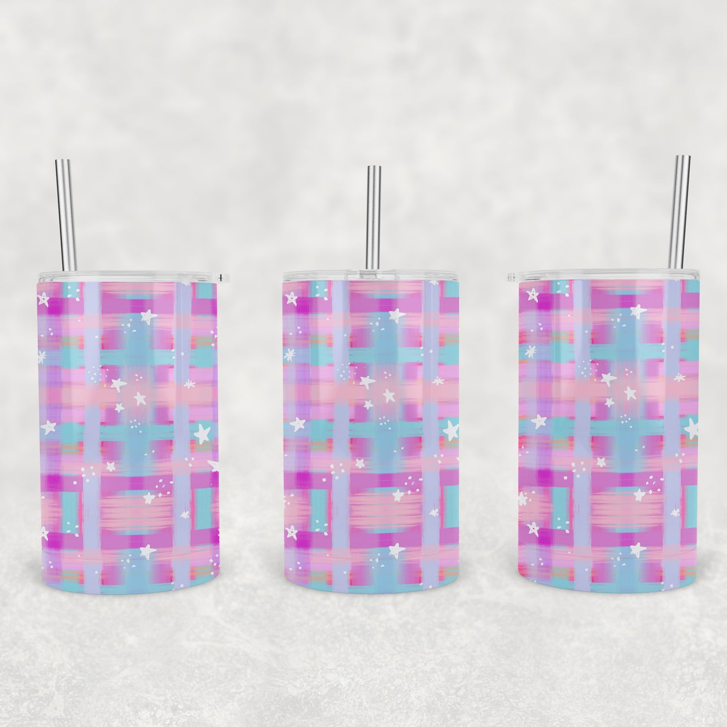 12 oz Kids Skinny Tumbler, Purple Painted Plaid With Stars