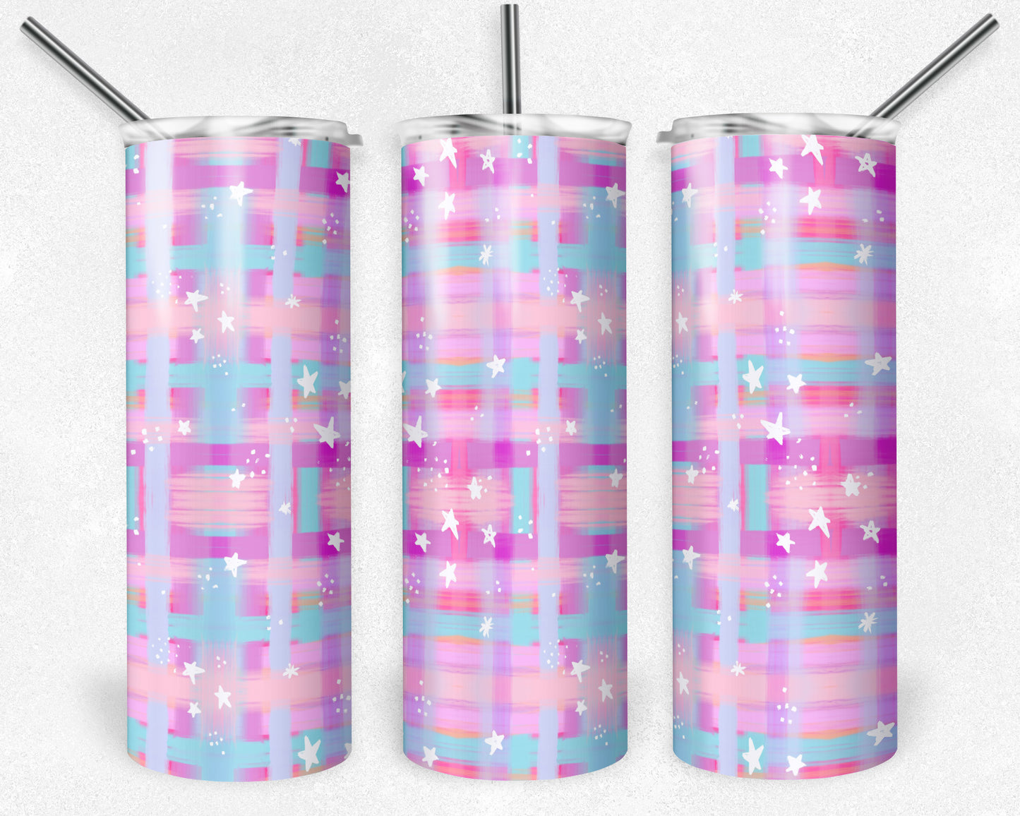 20 oz Skinny Tumbler, Purple Painted Plaid with Stars Pattern