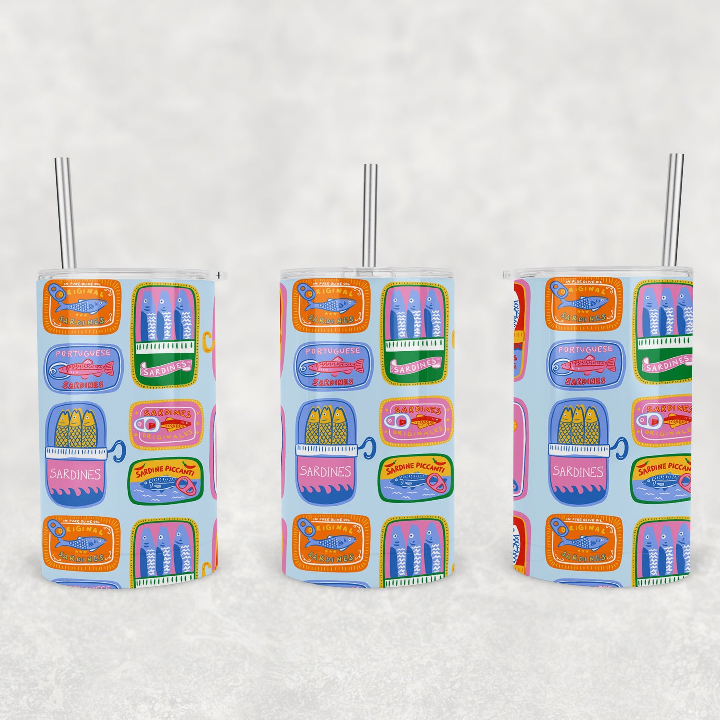 12 oz Kids Skinny Tumbler, Colorful Sardines Tin Pattern