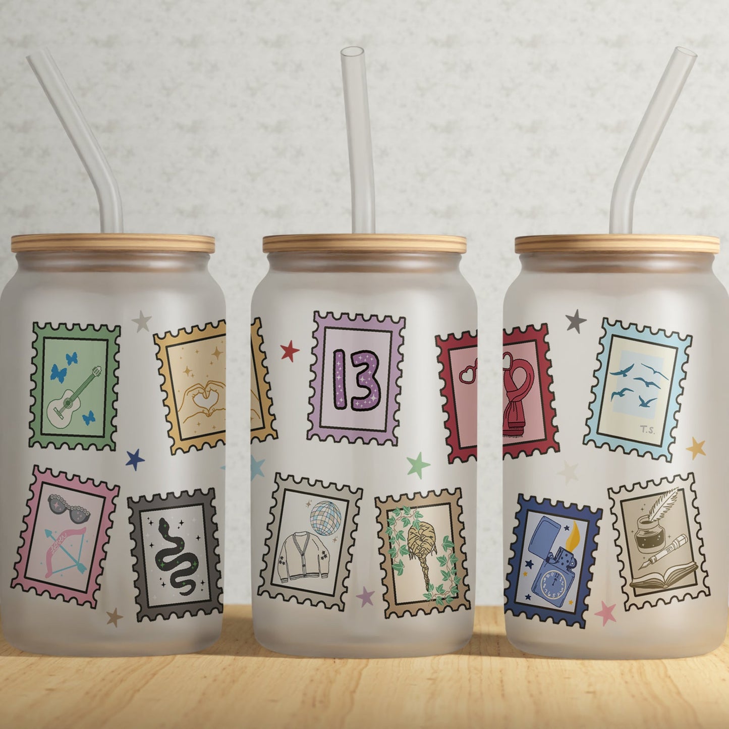 Frosted Can Glass, 11 Albums Stamps