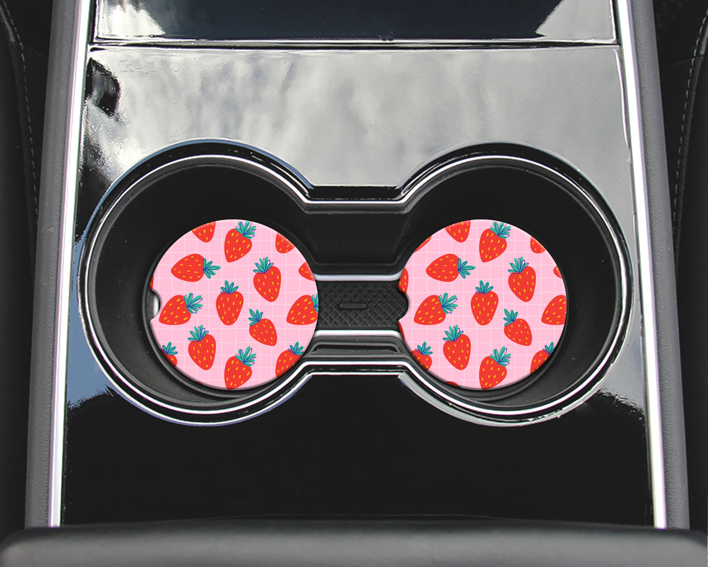 2 Car Coasters, Pink Grid Strawberry Design