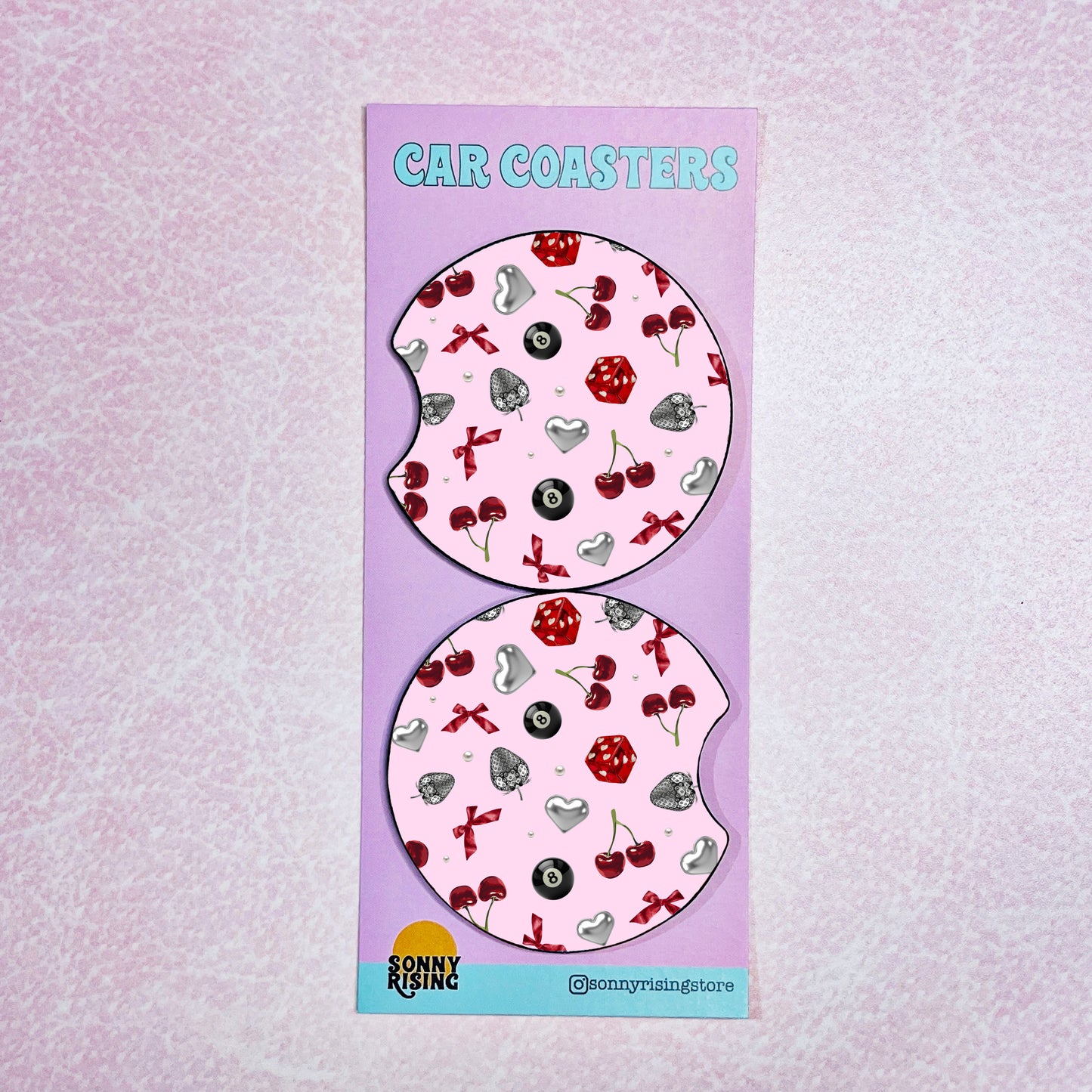 2 Car Coasters, Chrome 8 Ball & Dice Pattern