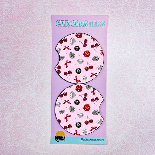 2 Car Coasters, Chrome 8 Ball & Dice Pattern