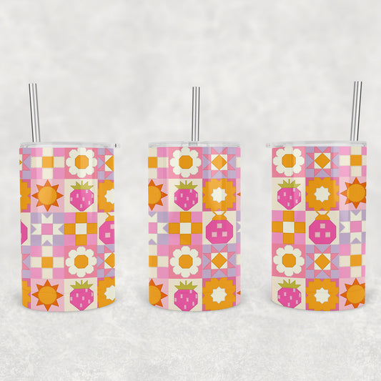 12 oz Kids Skinny Tumbler, Colorful Ladybug Quilt Pattern