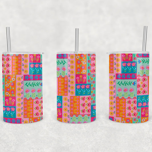12 oz Kids Skinny Tumbler, Floral Patchwork Pattern