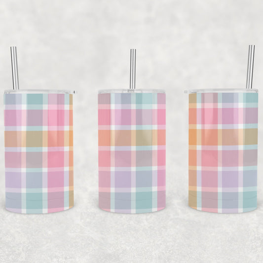 12 oz Kids Skinny Tumbler, Pastel Gingham Pattern