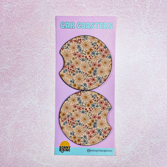 2 Car Coasters, Neutral Fall Floral Pattern