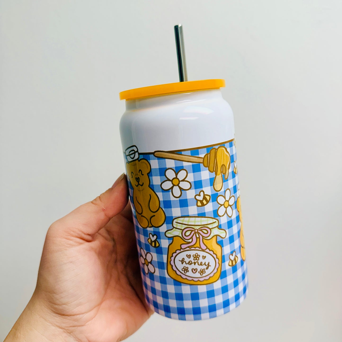 16 oz Stainless Steel Cup, Honey Bears on Gingham