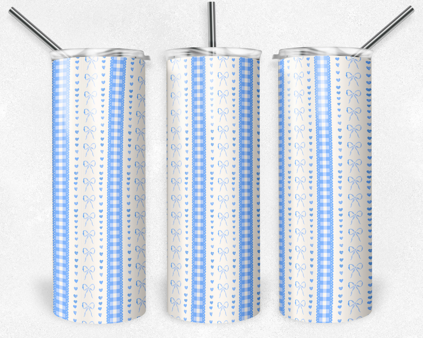 20 oz Skinny Tumbler, Blue Bow Gingham Pattern