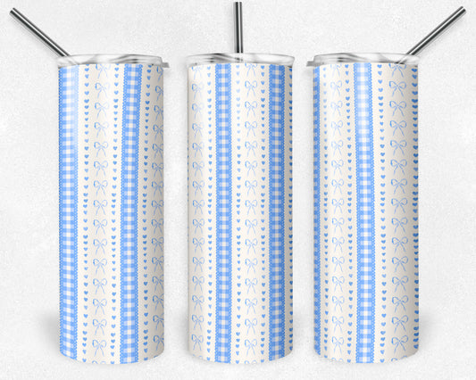 20 oz Skinny Tumbler, Blue Bow Gingham Pattern