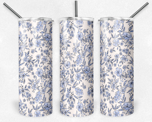 20 oz Skinny Tumbler, Blue Floral Vintage Style Pattern