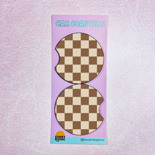 2 Car Coasters, Brown Checker Pattern