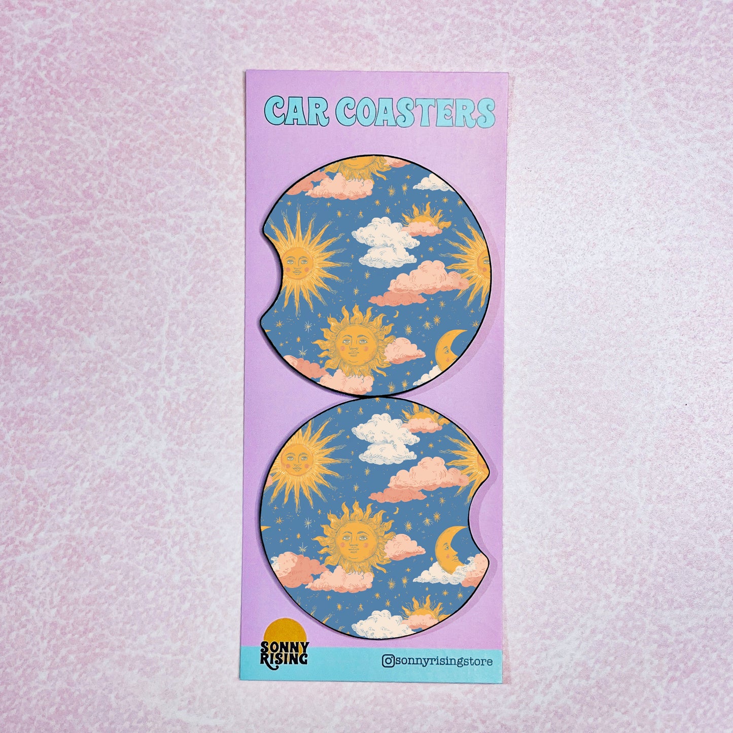 2 Car Coasters, Blue Sky Sun Pattern