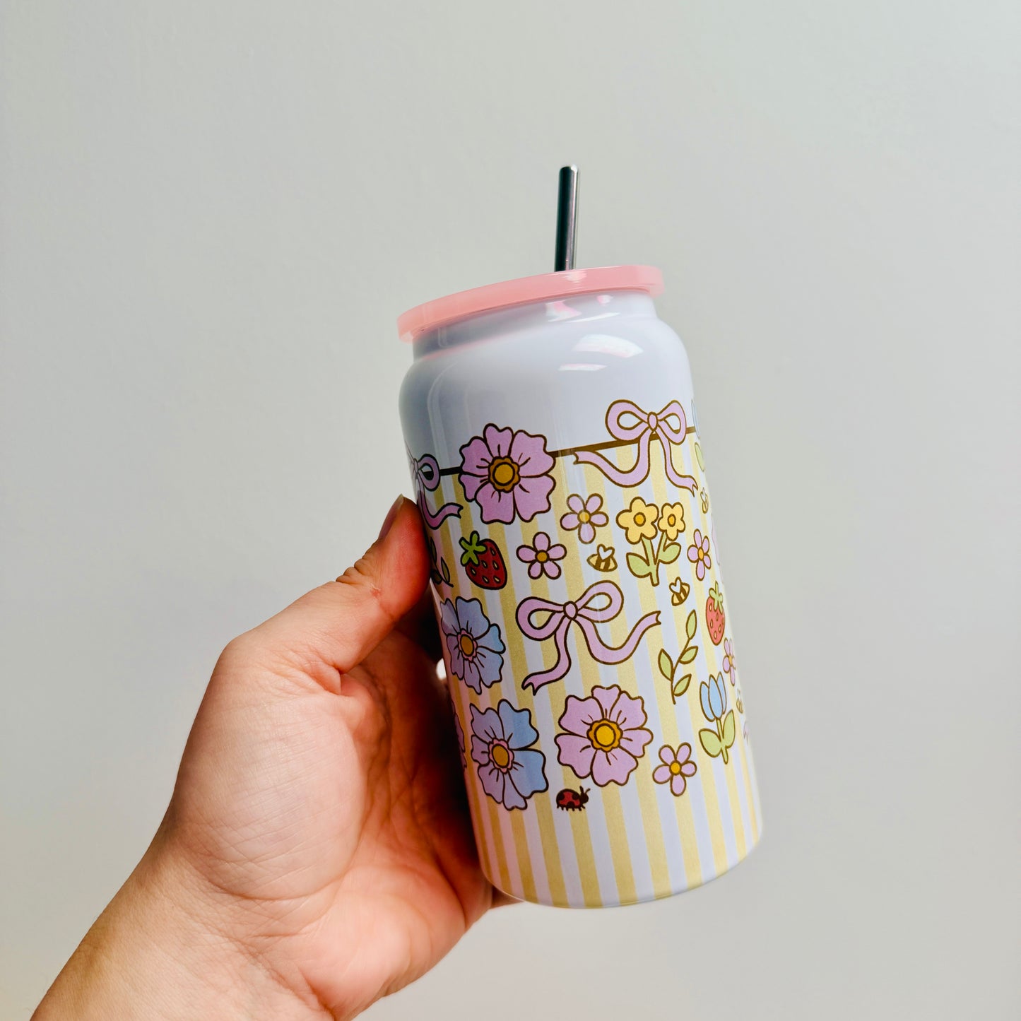 16 oz Stainless Steel Cup, Florals and Stripes