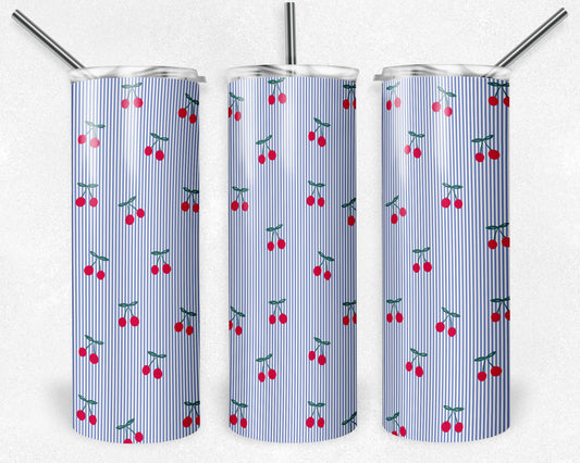 20 oz Skinny Tumbler, Cherries with Blue Pinstripe Pattern