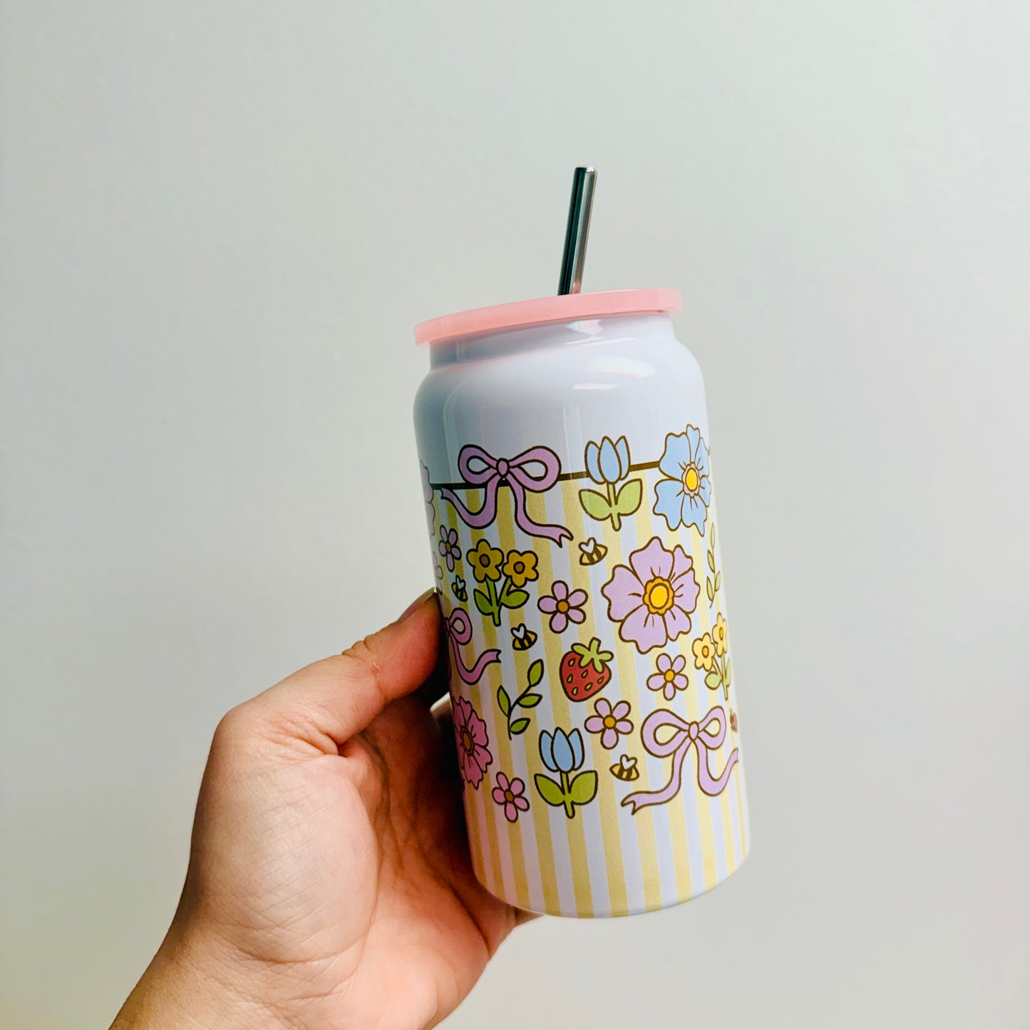 16 oz Stainless Steel Cup, Florals and Stripes