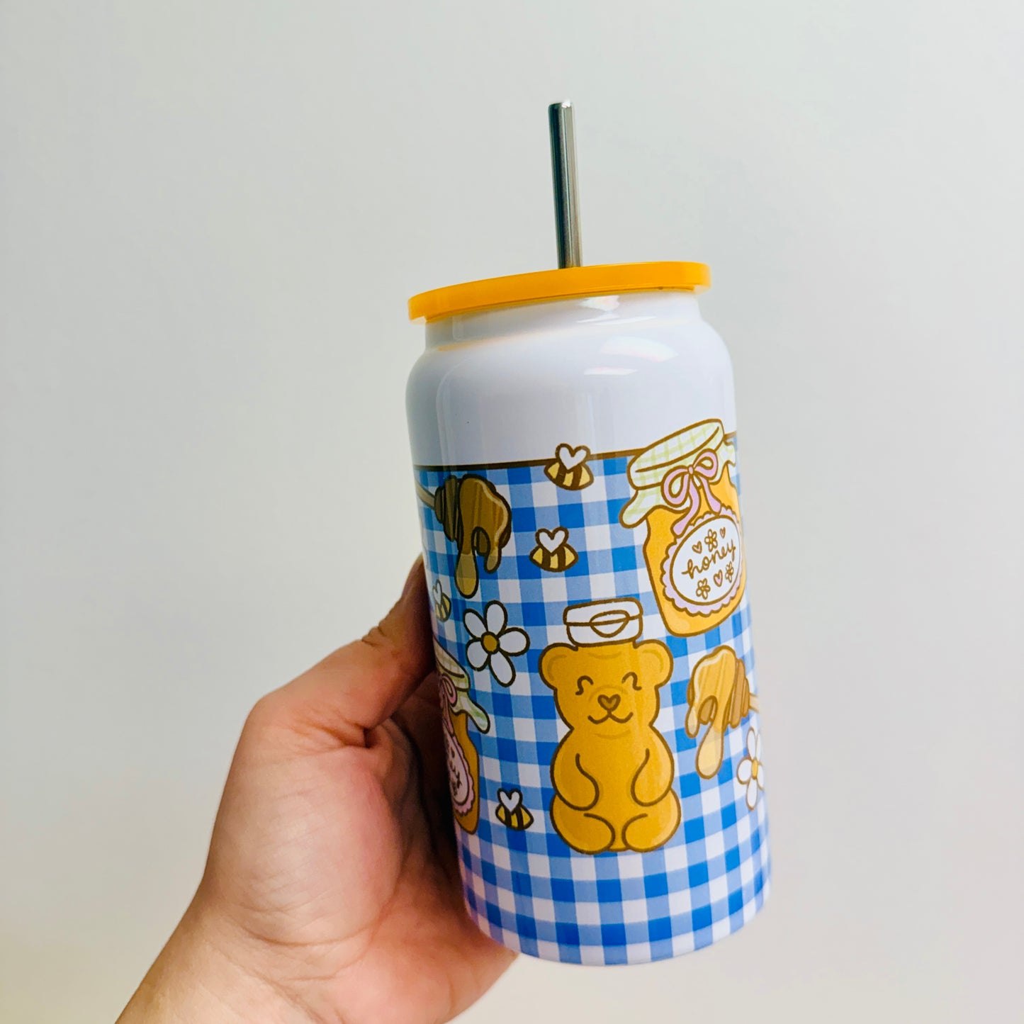 16 oz Stainless Steel Cup, Honey Bears on Gingham