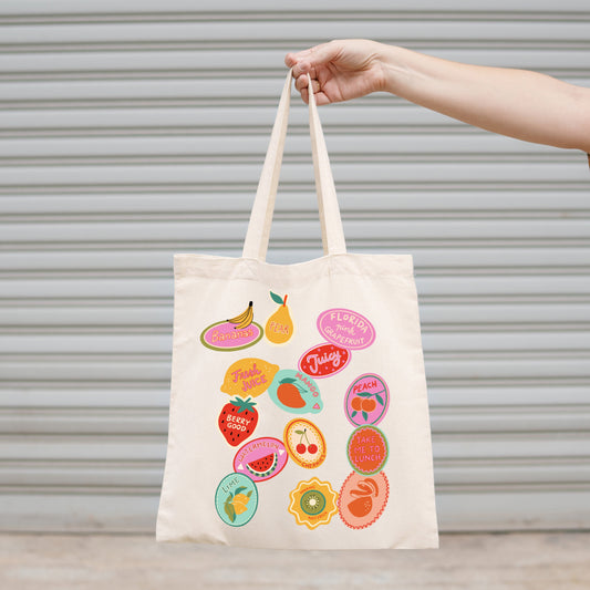 Canvas Tote Bag, Colorful Fruit Stickers