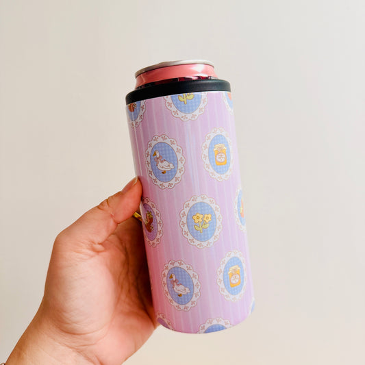 Slim Can Cooler, Spring Icons on Pink Stripes