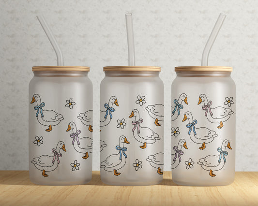 Frosted Can Glass, Blue Ribbon Geese