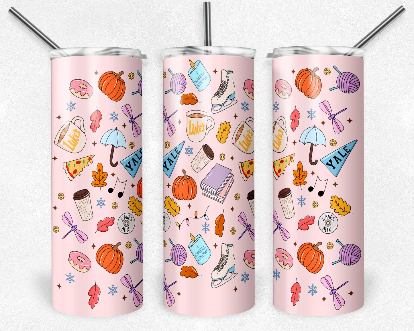 20 oz Skinny Tumbler, Gilmore Icons on Pink