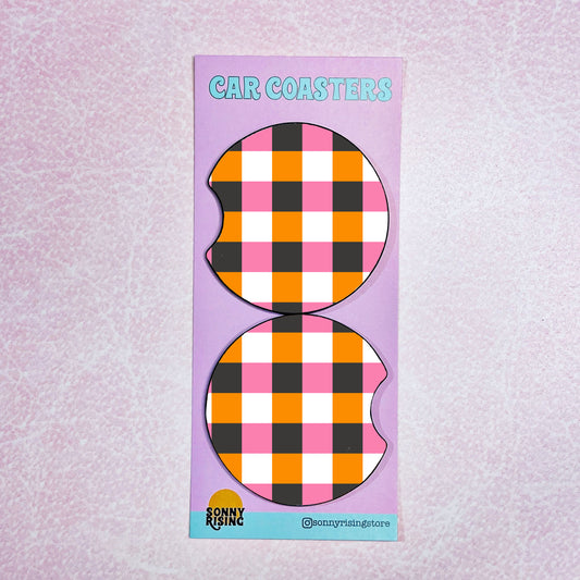 2 Car Coasters, Halloween Bright Checker Pattern
