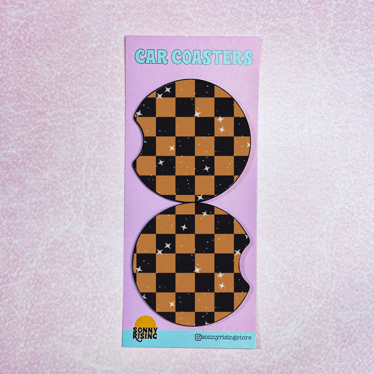 2 Car Coasters, Halloween Check Sparkle Pattern