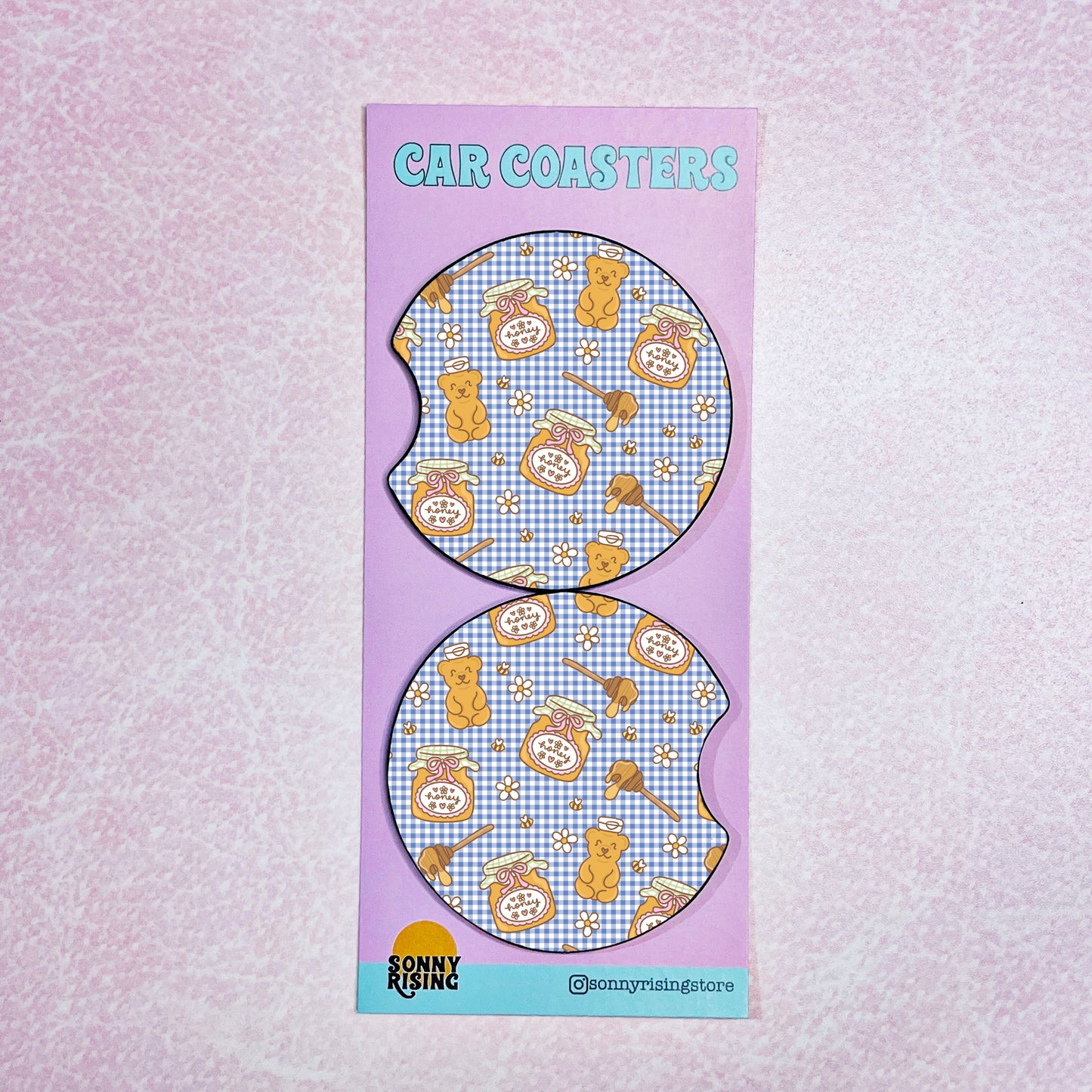 2 Car Coasters, Honey Bear on Gingham Pattern