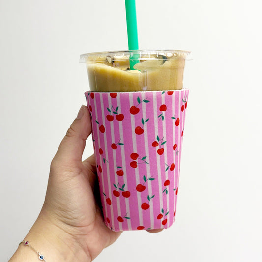 Iced Coffee Sleeve, Pink Stripe Cherries
