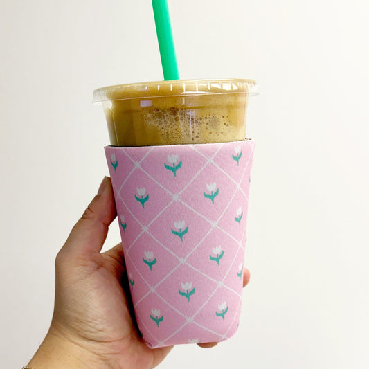 Iced Coffee Sleeve, Pink Tulip Pattern